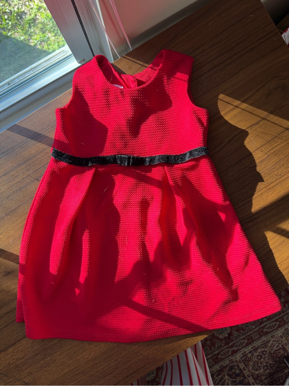 Classic Red Girls' Dress with Black Waist Ribbon